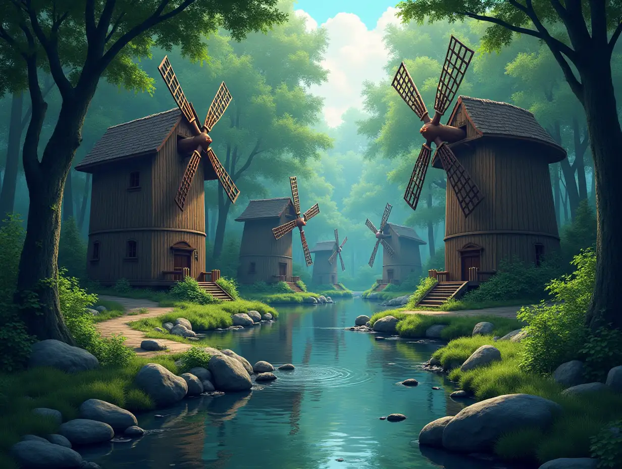 Watermills in the forest-anime style