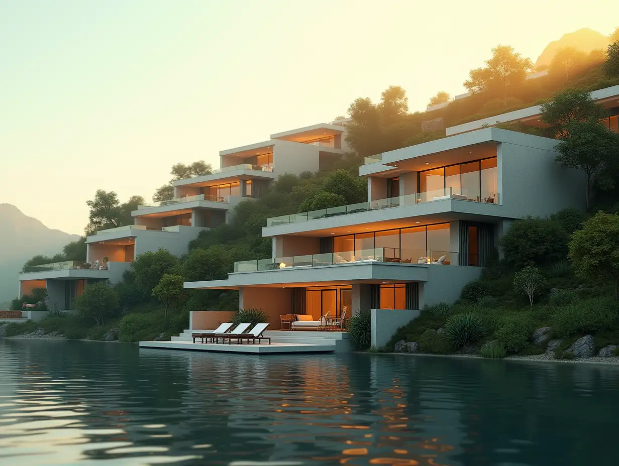 Cinematic 3D animation of a luxury terraced villa complex situated on a lush green slope overlooking a reflective body of water. The camera starts low over the surface of the water, rising slowly to reveal multiple modern villas with stone and glass facades, layered terraces, and clean rooflines. Golden hour sunlight casts soft shadows, creating a warm, refined atmosphere. The camera glides past architectural features, showcasing balconies, large windows, and elevated walkways. Subtle depth-of-field, smooth transitions, and lens flares evoke exclusivity and elegance. Soundtrack: minimal ambient or deep house. Vibe: serene, aspirational, architectural dreamscape