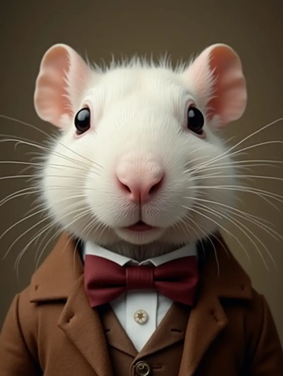 a white gerbil's head wearing an old-fashioned brown suit, white shirt, maroon bow tie