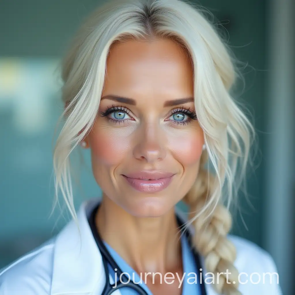 Pamela-Anderson-as-a-Doctor-with-Light-White-Hair-and-Bright-Blue-Eyes