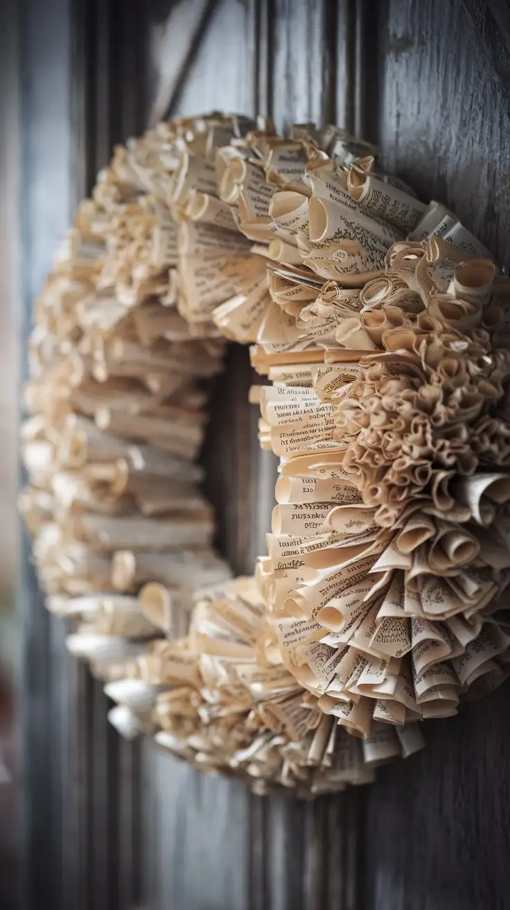 Closeup-of-a-Book-Page-Wreath-on-a-Rustic-Wooden-Door-with-Soft-Lighting