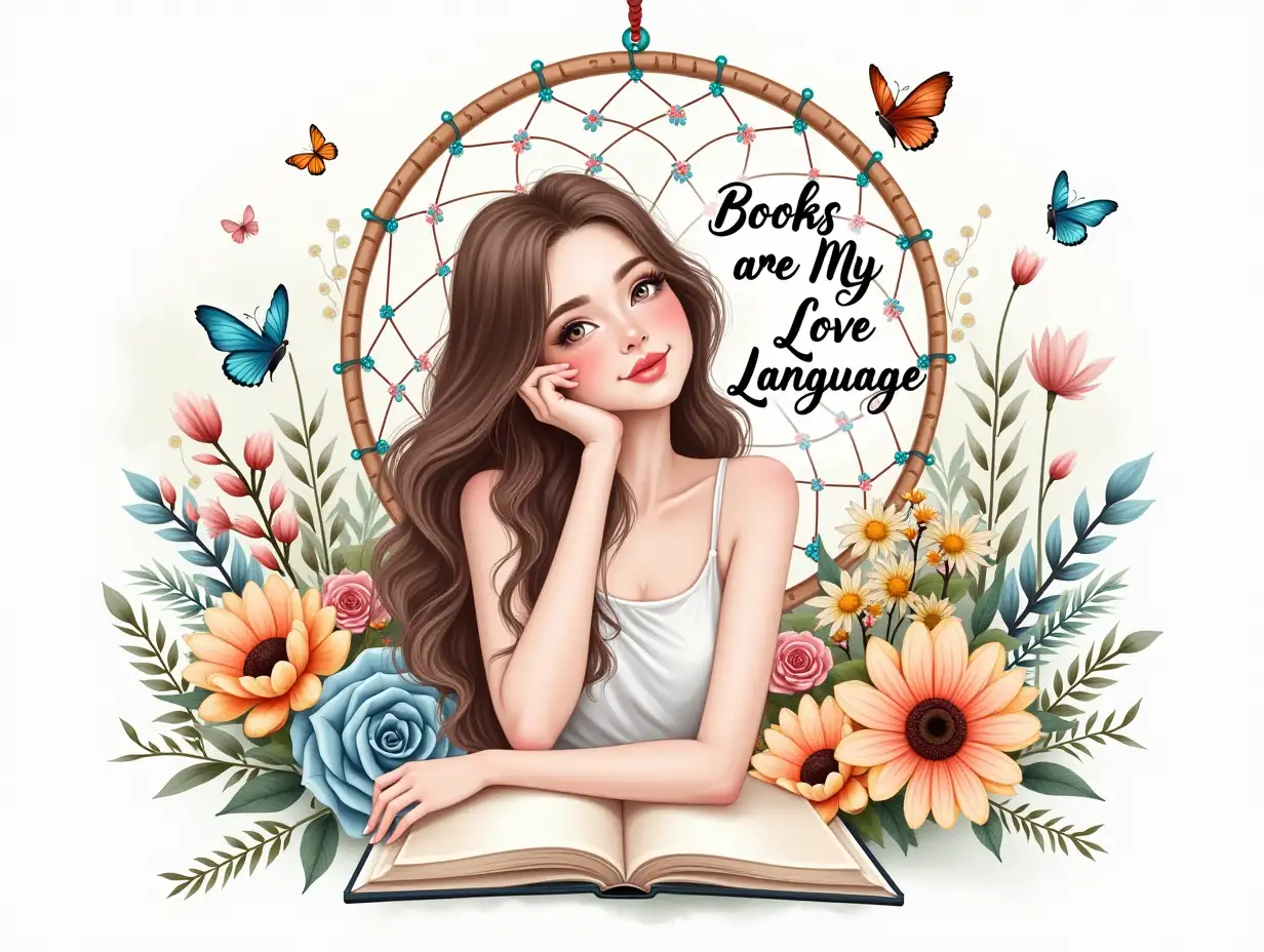 Vector, Watercolor art. Create an image of a serene young woman with long flowing hair, gently resting her chin on her hand while holding an open book. Surround her with a vibrant bouquet of flowers, including sunflowers, roses, and delicate blossoms, emphasizing a mix of soft pinks, blues, and yellows. Integrate intricate elements like a dreamcatcher in the background, decorated with beads and feathers, and include butterflies fluttering around the scene. The text 'Books Are My Love Language' should be elegantly arranged in a bold, artistic font at the center, with a harmonious color palette that includes turquoise and black accents. The overall aesthetic should be a blend of modern digital art and illustrative styles, reminiscent of a colorful, whimsical design with high contrast and sharp details, creating a visually captivating atmosphere.