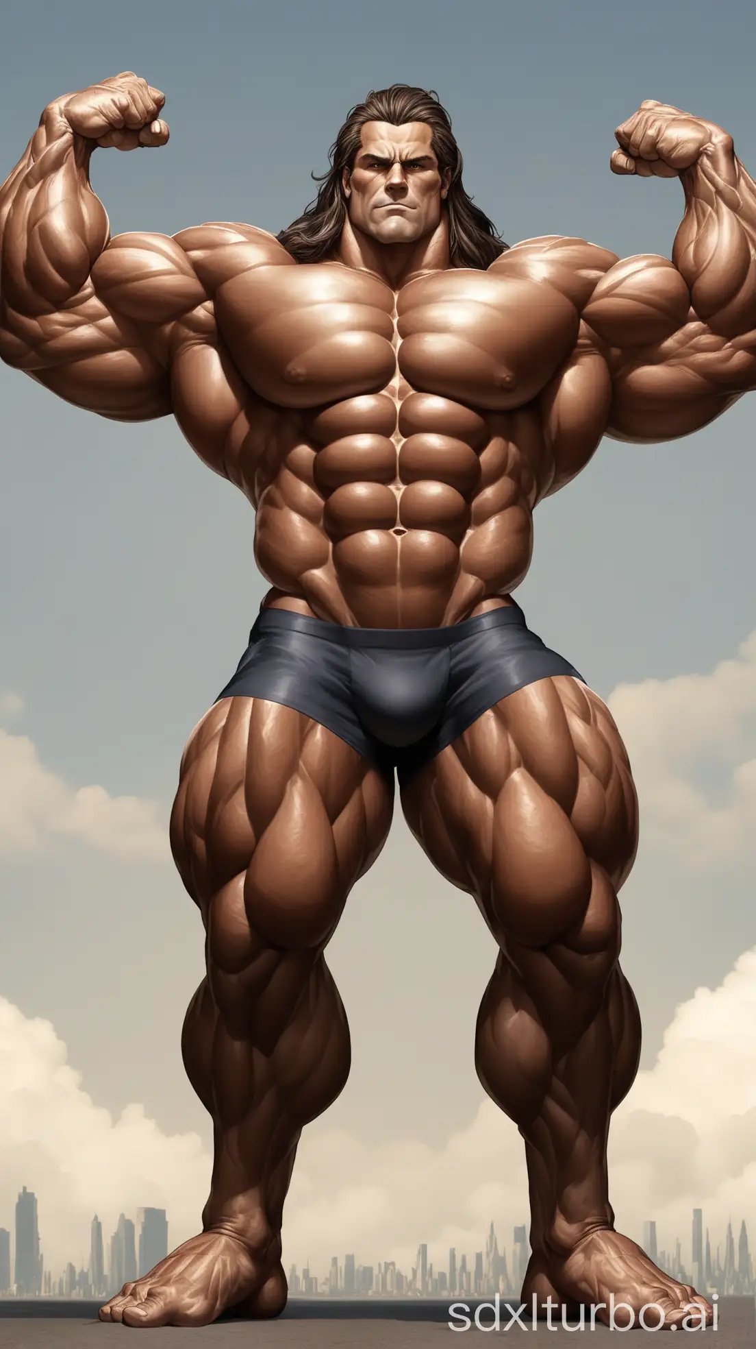 this image is a superhuman, depicted as a giant and muscular individual with an exaggerated physique. He possesses an incredibly large, strong body, featuring a massive chest and oversized biceps, as well as a beautifully defined 8-pack set of abs. His legs are particularly notable, very long, thick, and towering, contributing to his immense stature. The character is an older man with long hair, adding an additional layer of distinction to his appearance. The image is composed with the subject raising his arms to proudly showcase his enormous biceps, emphasizing his muscular strength.