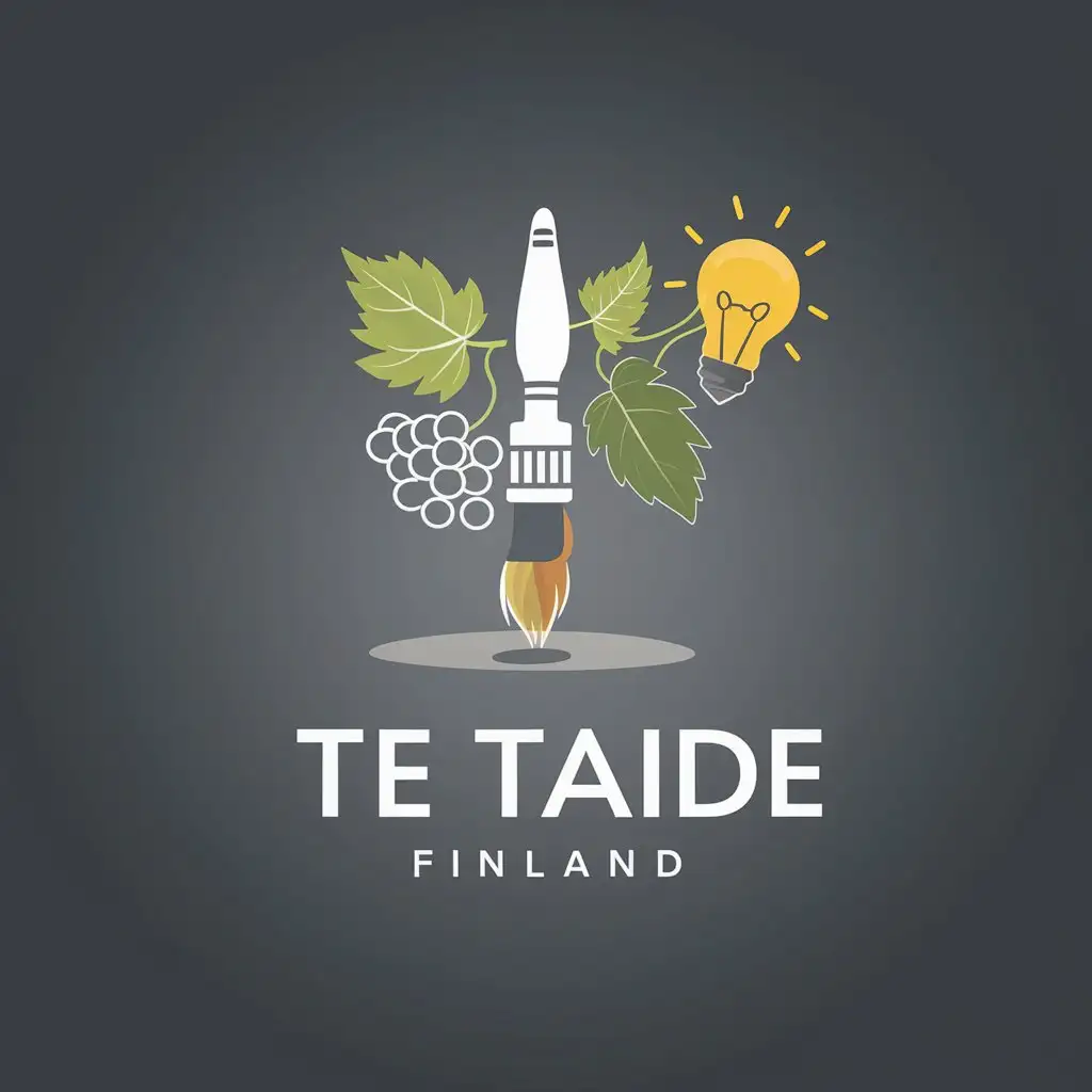 a vector logo design,with the text "TE taide Finland", main symbol:a vector logo design,with the text 'TaidE', main symbol:Brush, grapes leaves, Trending Up Chart and a light bulb, a shadow of Finnish map head,Moderate,be used in art industry,clear background,Moderate,clear background