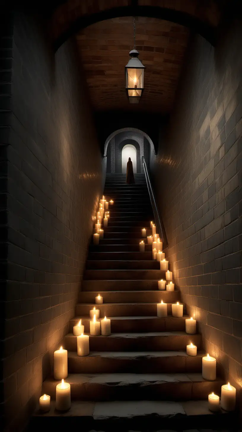 Ascending Candlelit Staircase in Schloeesque Grey Brick Interior