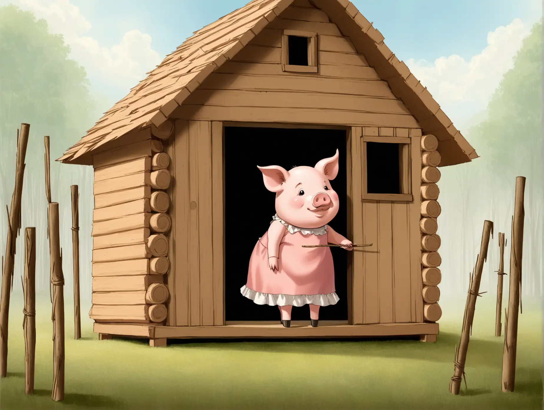 Pig in Dress Standing by Stick House Window