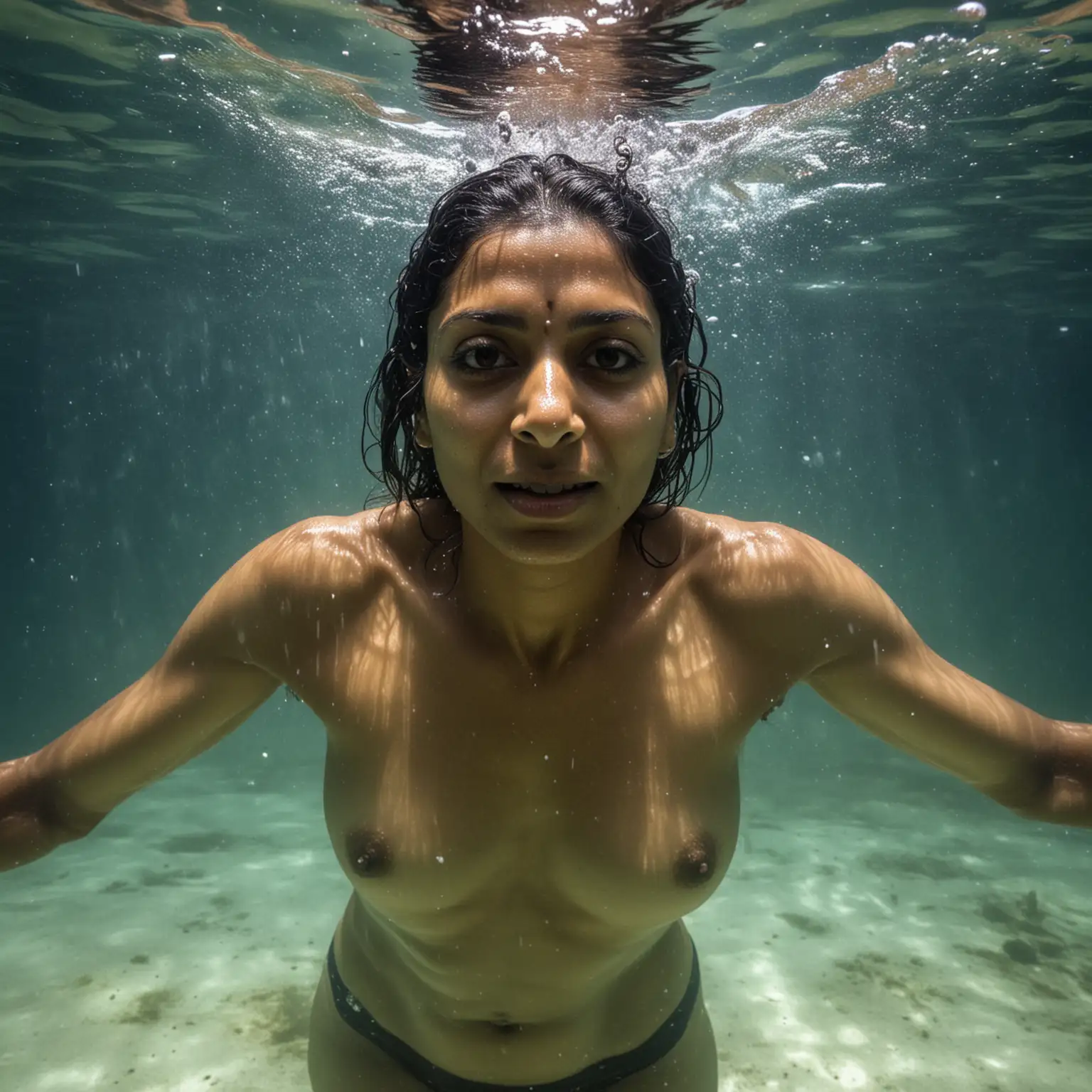 40 year old Indian woman, topless, under water, muscular