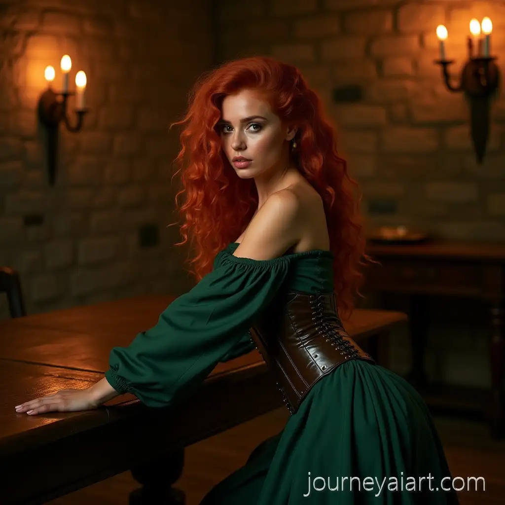 SultrySultry-medieval-portrait-Woman-in-EmeraldGreen-Gown-Posing-in-Medieval-Hall-with-Chiaroscuro-Lighting