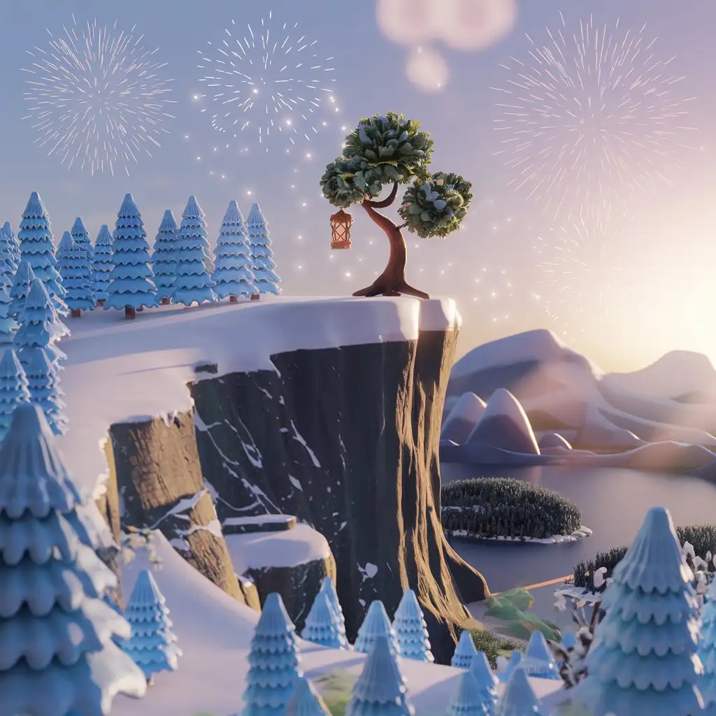 Cartoon-New-Year-Snowy-Cliff-in-Forest-Side-View-3D-Animation