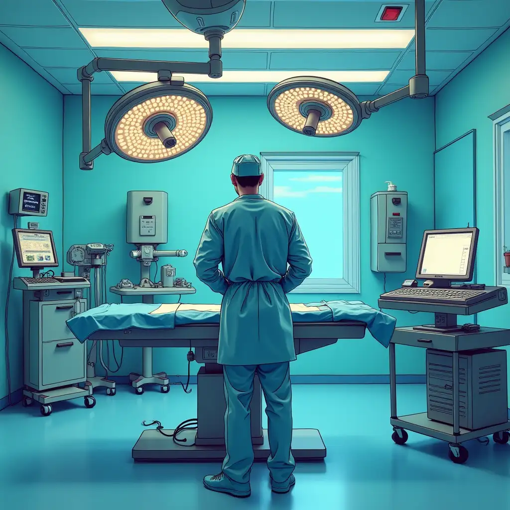 a pop art style surgeon stands at the operating table facing us in the operating room