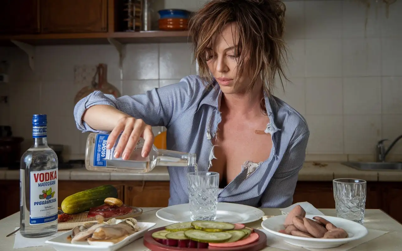 Charlize-Theron-Suffering-Hangover-in-Messy-Kitchen-with-Russian-Snacks