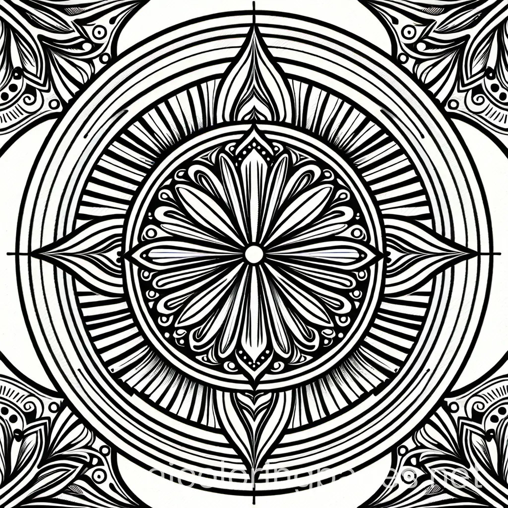 A coloring book page, black and white, line art, 2d, mandala, 8.5" x 11", vector, symmetrical, solid lines, cartoon

, Coloring Page, black and white, line art, white background, Simplicity, Ample White Space. The background of the coloring page is plain white to make it easy for young children to color within the lines. The outlines of all the subjects are easy to distinguish, making it simple for kids to color without too much difficulty