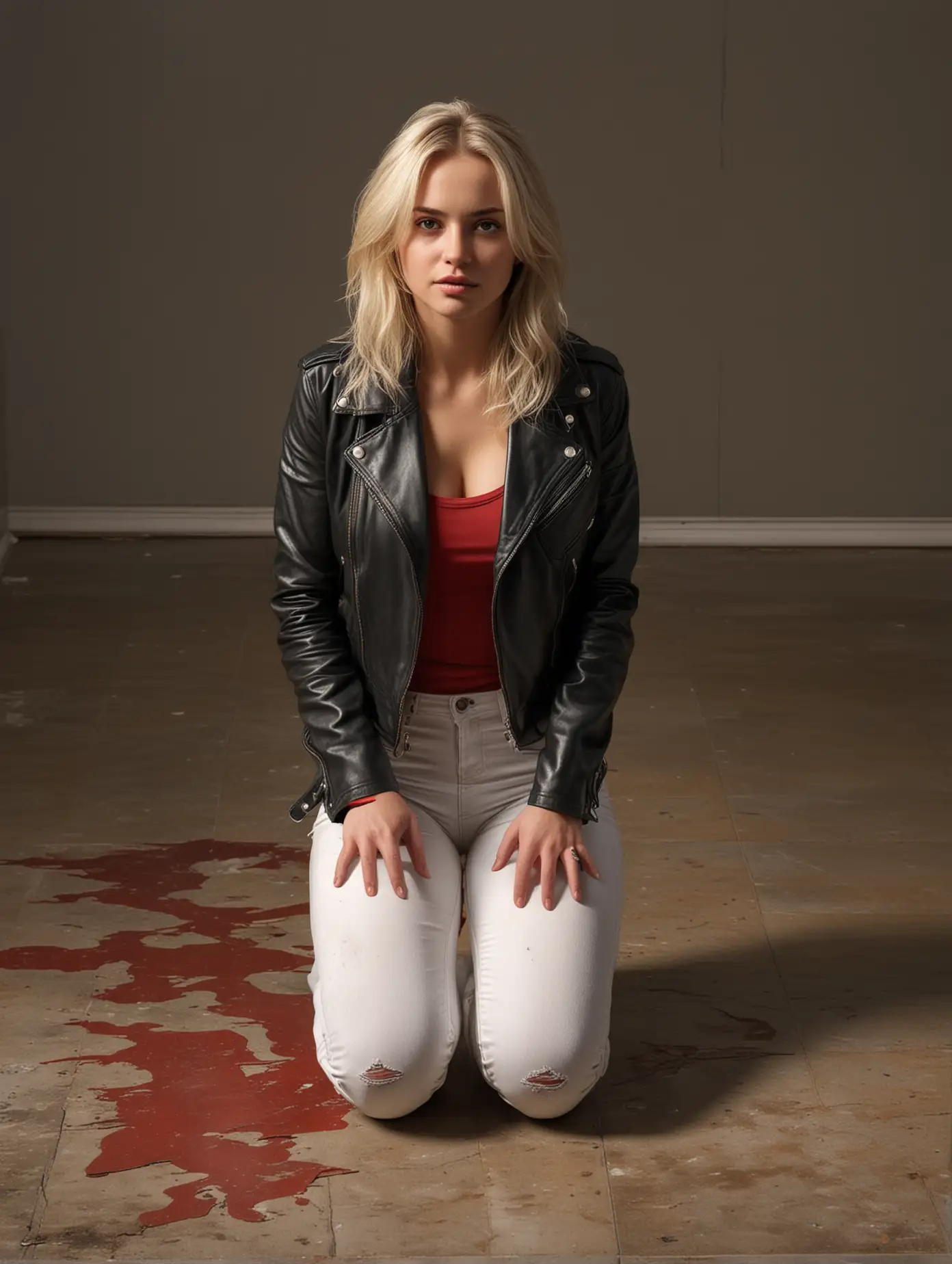 Kneeling-Blonde-in-Leather-Jacket-and-White-Jeans-with-Golden-Light-and-Detailed-Background