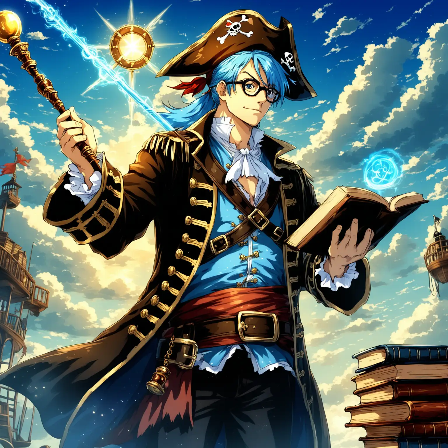 Anime Pirate Wizard with Sky Blue Hair and Magic Staff