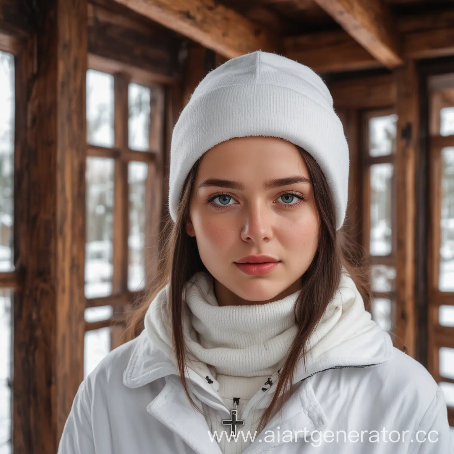 Orthodox-Girl-in-White-Coat-and-Dark-Hat-at-Wooden-Monastery