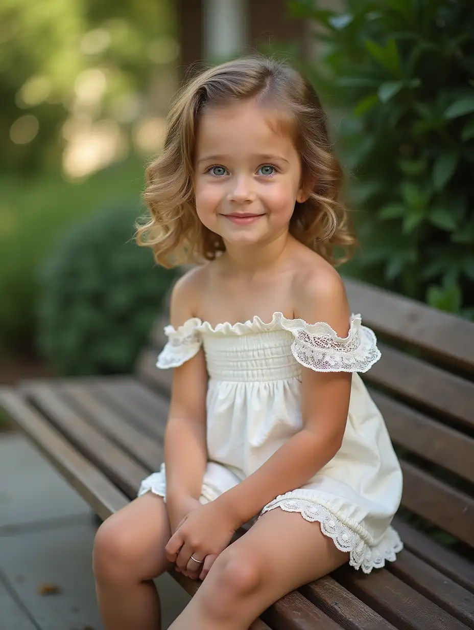 Shy-Little-Girl-in-Strapless-Minidress-Sitting-on-Garden-Bench