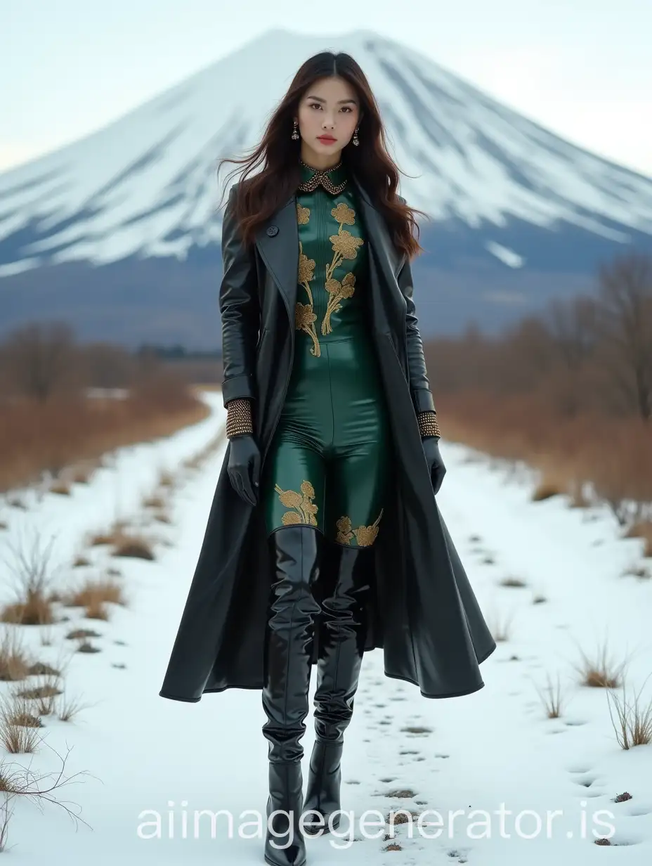 Japanese-Model-in-Elegant-Winter-Fashion-on-Snowy-Path-with-Mount-Fuji-Background