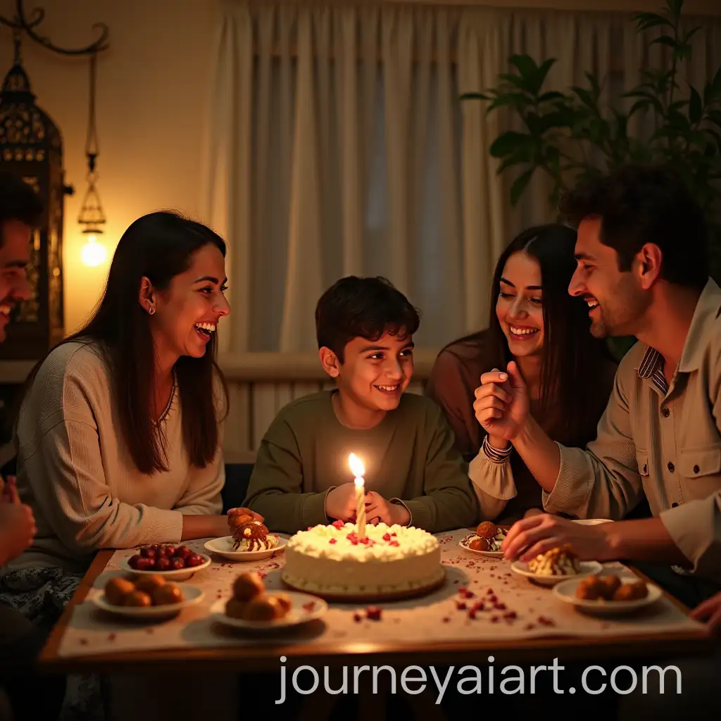 Family-Gathering-in-Cozy-Egyptian-Living-Room-During-Ramadan-with-Traditional-Decorations-and-a-Birthday-Without-Cake