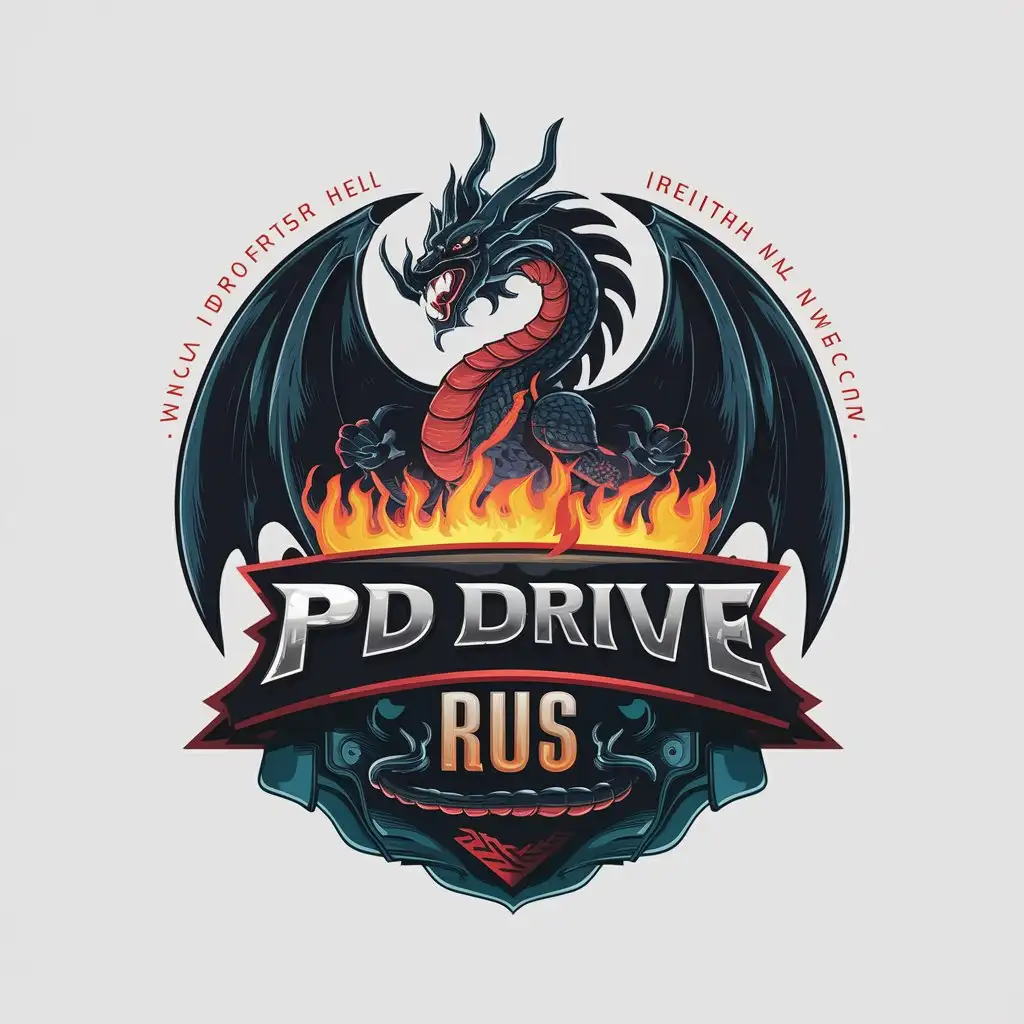 LOGO Design For PD Drive Rus Darkness Hell Dragon with Fire and Evil Inscription 4K Picture Realistic