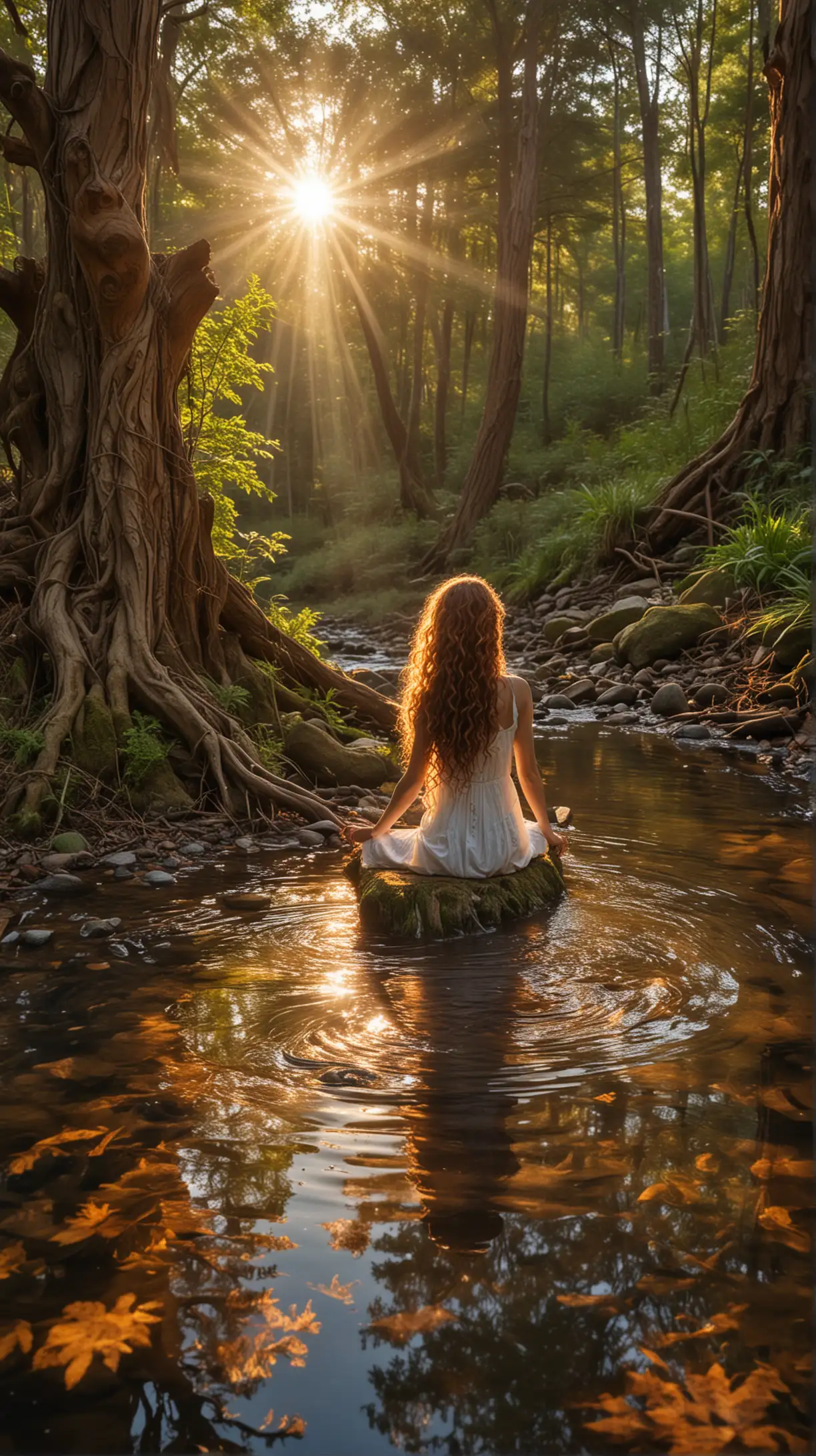 Enchanted Forest Sunrise with CurlyHaired Woman and Arboreal Magic