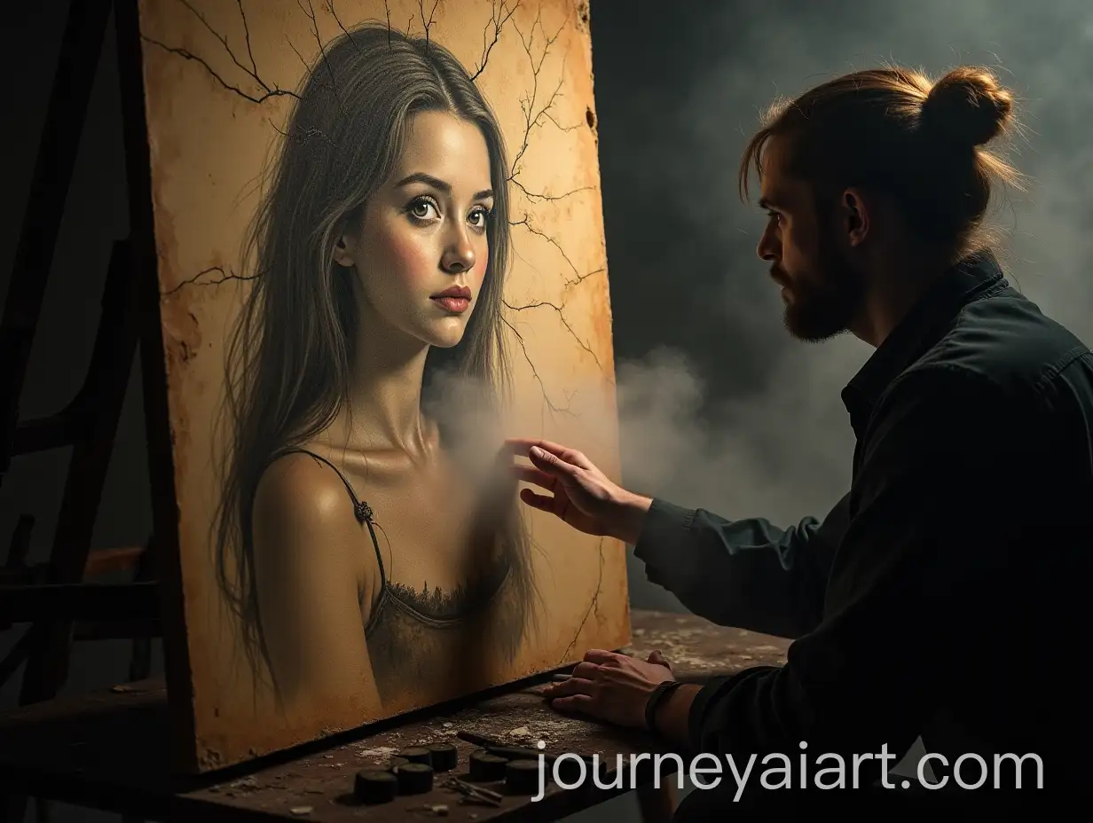 Magical-Painting-of-Beautiful-Girl-Coming-to-Life-in-Artists-Studio