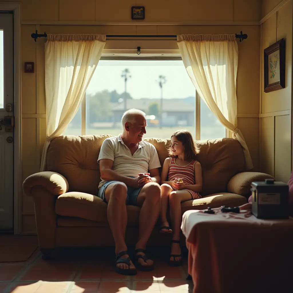 It's 1960s America, California. It's a hot day and an old man is sitting on a comfortable couch in a trailer. He's with his daughter, who is 9 years old. They are sitting comfortably together.