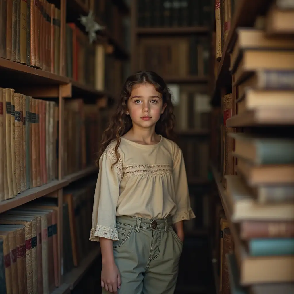 Lily and young beautiful girl with beautiful eyes and soft smooth skin in a thrift shop with pants and historical books packed in a shelf make her not to face the camera and random people in the shop