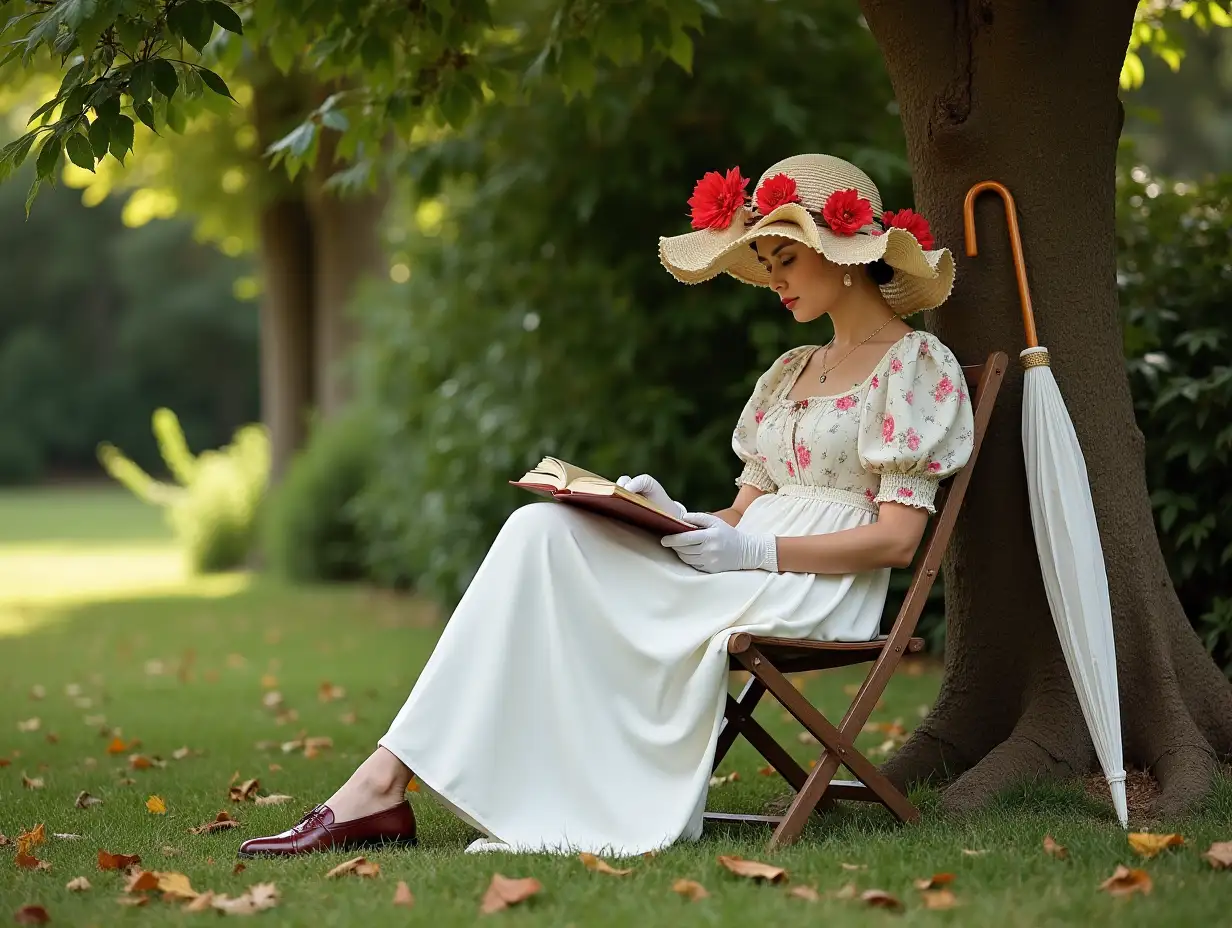 a garden, a woman wearing a long white dress, a blouse with flowery print closed collar, a large straw hat in the shape of a wave with red flowers surrounded by a veil of white fabric, she is sitting facing front, crossed legs on a folding chair near a tree with a smooth brown trunk, she reads a book and wears long white gloves, shiny brown leather shoes, a white umbrella with a straight handle leans against the tree. Many fallen leaves on the ground, bright green vegetation in the background , 19th century realistic style, summer light