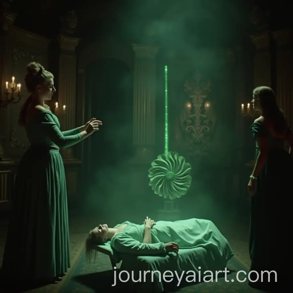 1940s-Film-Still-of-Queen-Weaving-Dark-Magic-and-Spectral-Vision-of-Princess-in-Castle-Hall