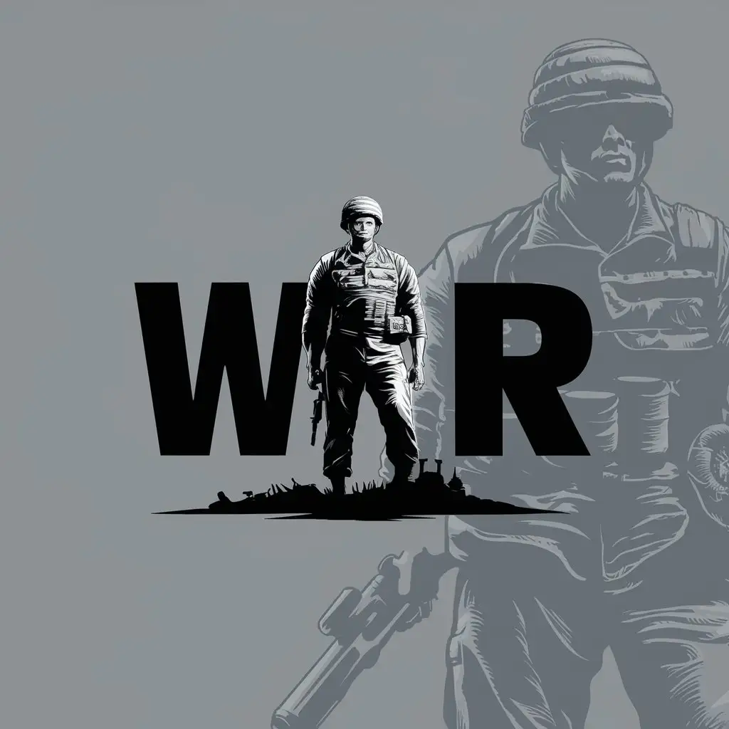 a logo design,with the text "War", main symbol:Military man after battle. Full of strength, courage and determination,Moderate,clear background