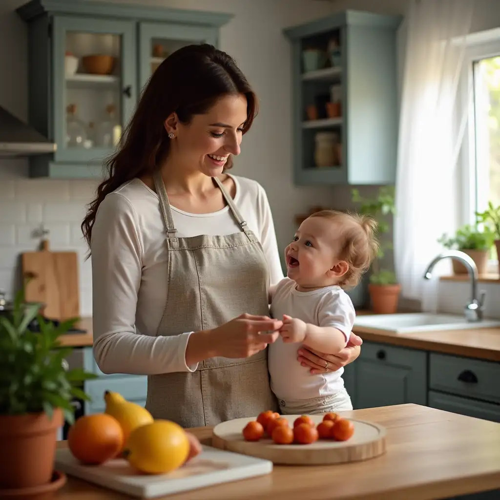 A baby in her mother's hands they are both in the kitchen while her mother is cooking