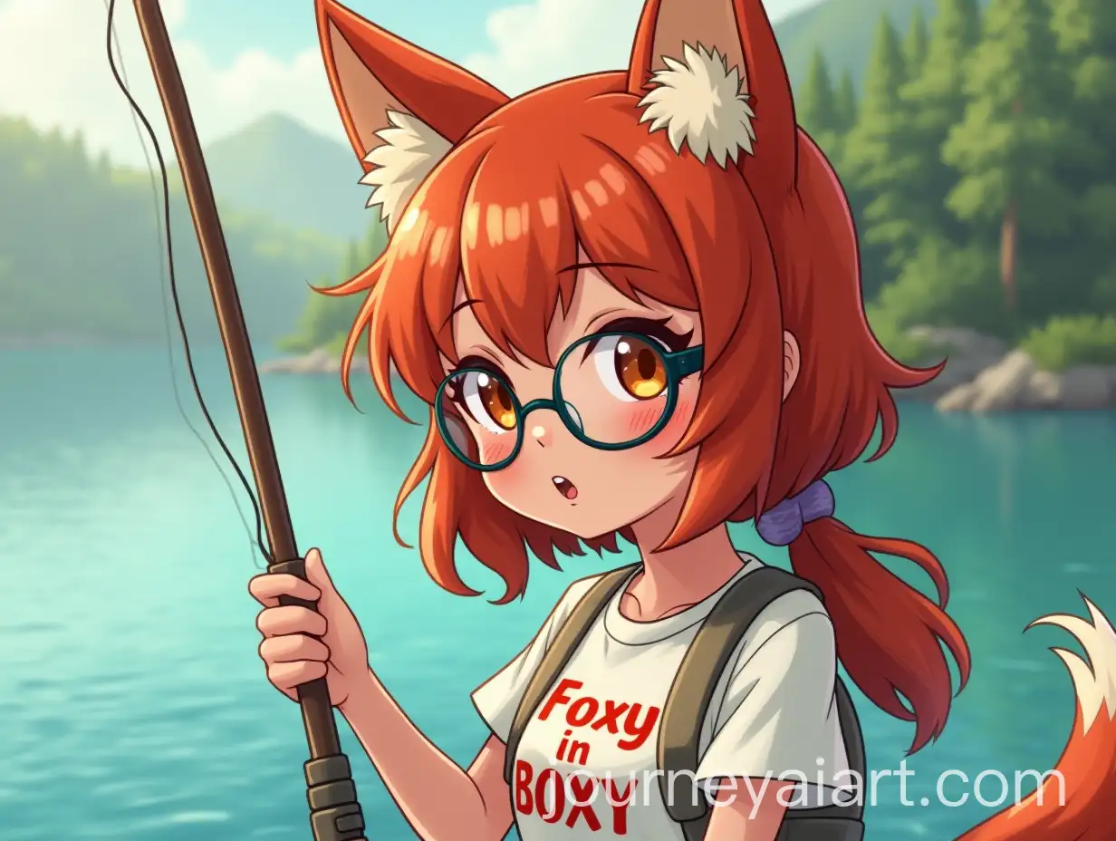 RedHaired-Girl-with-Glasses-on-a-Fishing-Trip-with-a-Rod-and-Foxy-In-Boxy-TShirt