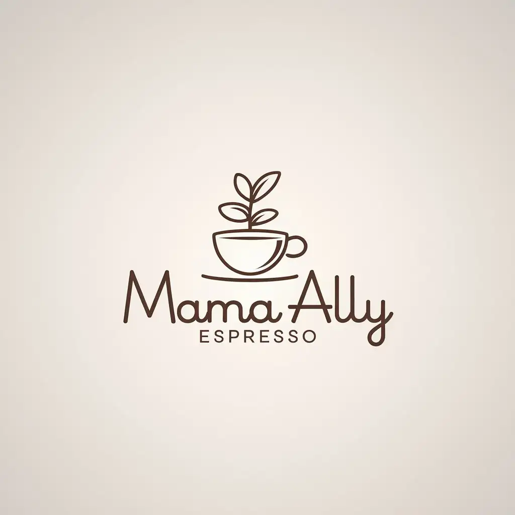 LOGO Design for Mama Ally Espresso Vintage Coffee Cup with Plant and Minimalistic Cursive Text