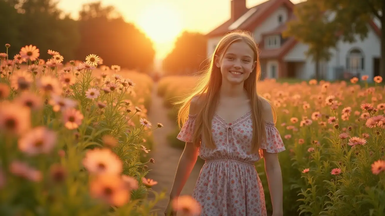 the russian girl is walking in the flowers