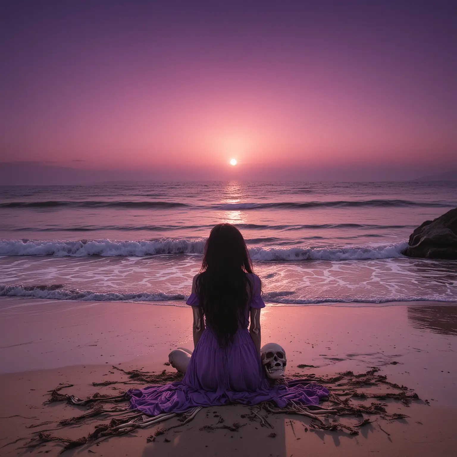 Silhouette of Woman on Beach at Purple Sunset with HalfBuried Skeleton