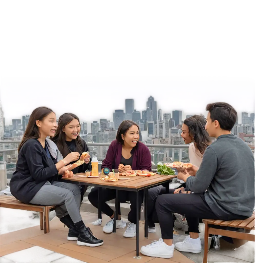 Rooftop-Gathering-of-Students-Sharing-Snacks-with-Urban-Skyline-PNG-Image-for-Social-and-Lifestyle-Contexts