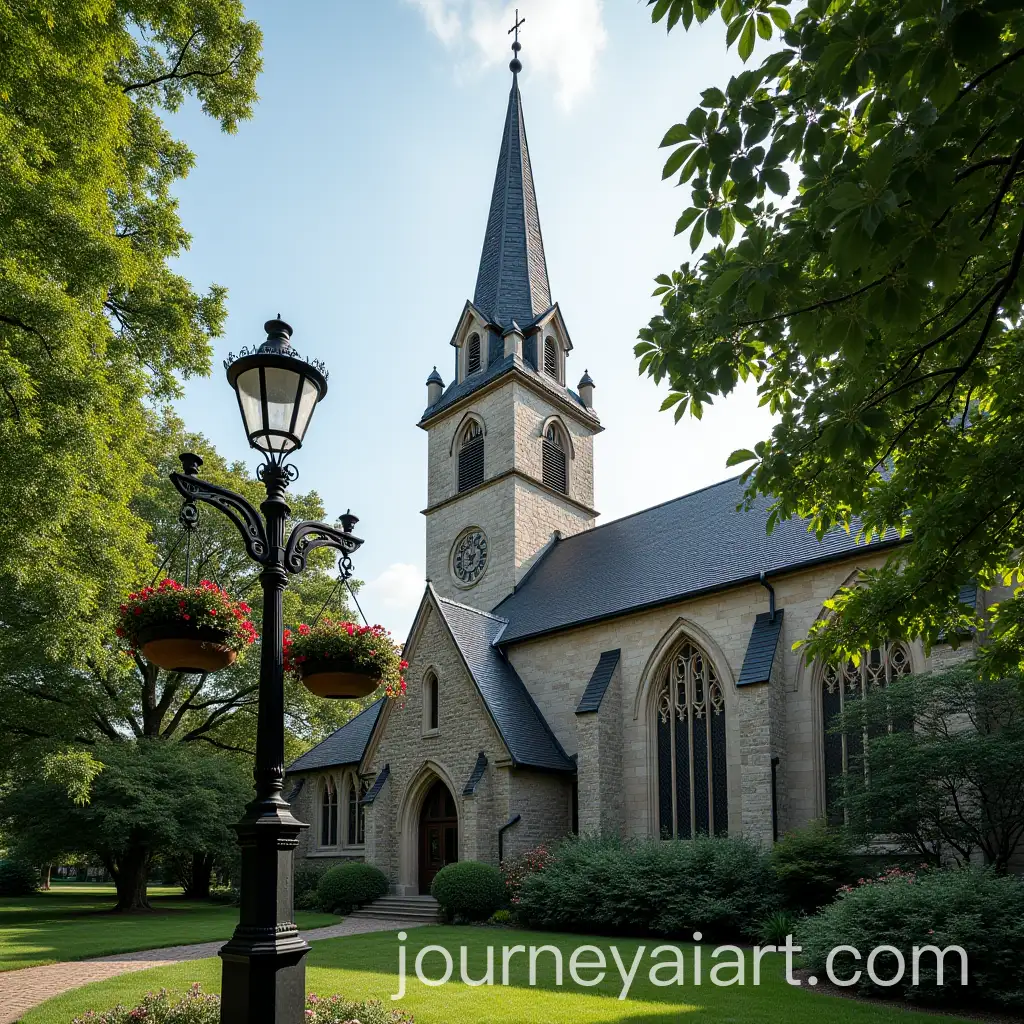 Historic-Gothic-Church-with-Twisted-Spire-and-Lush-Greenery