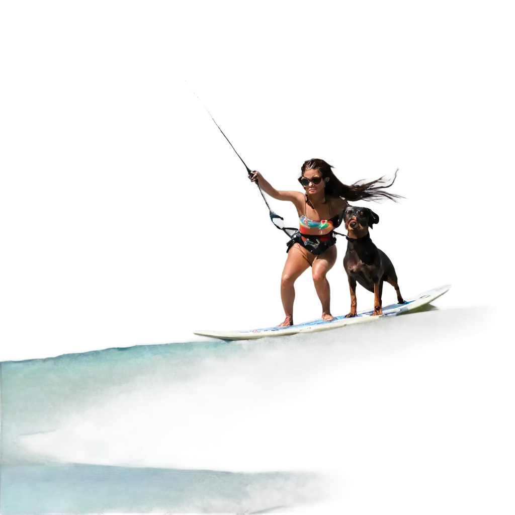 cute girl kitesurfing and a Dachshund dog on the surf board