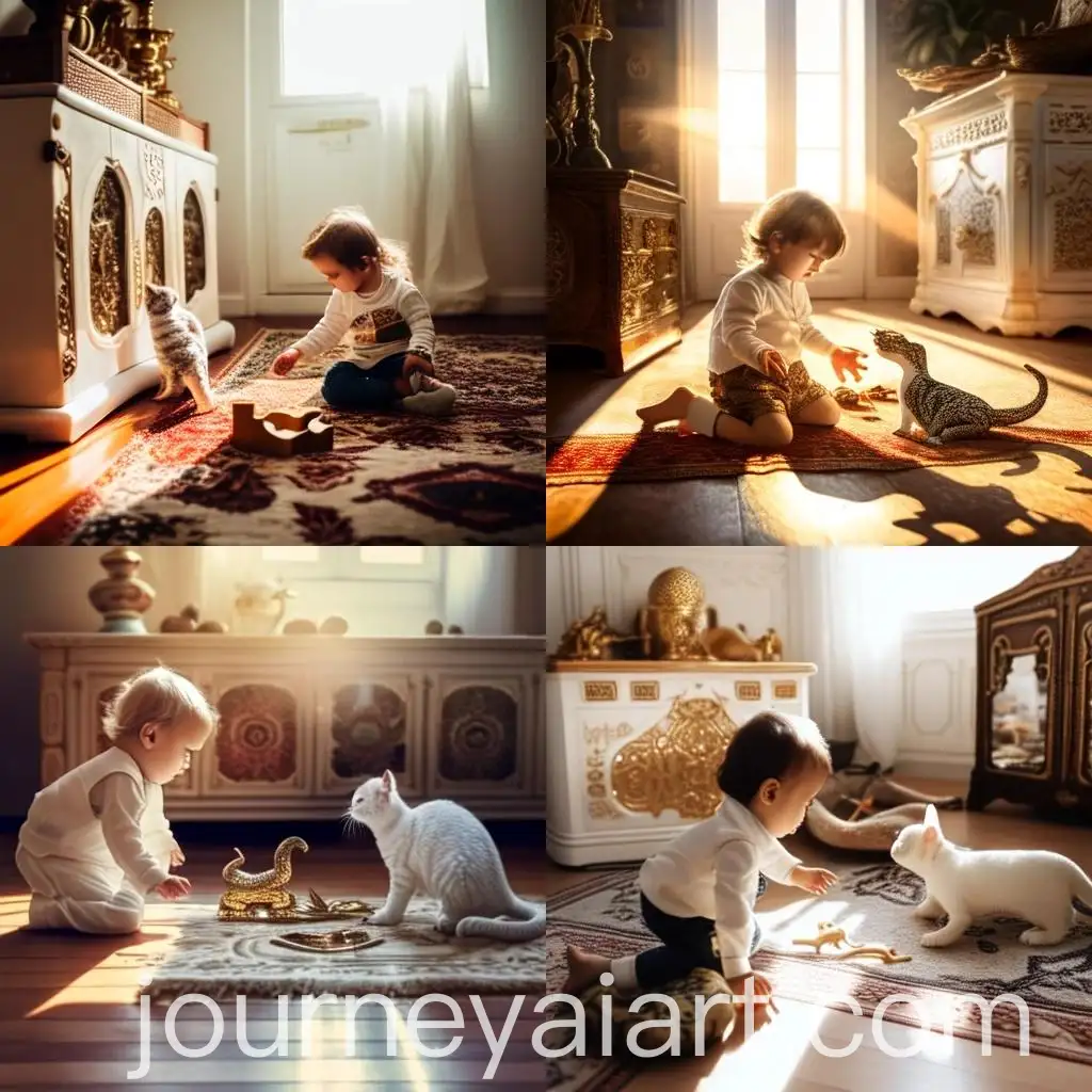 Toddler-and-White-Cat-Playing-in-Renaissance-Decorated-Room-at-Golden-Hour