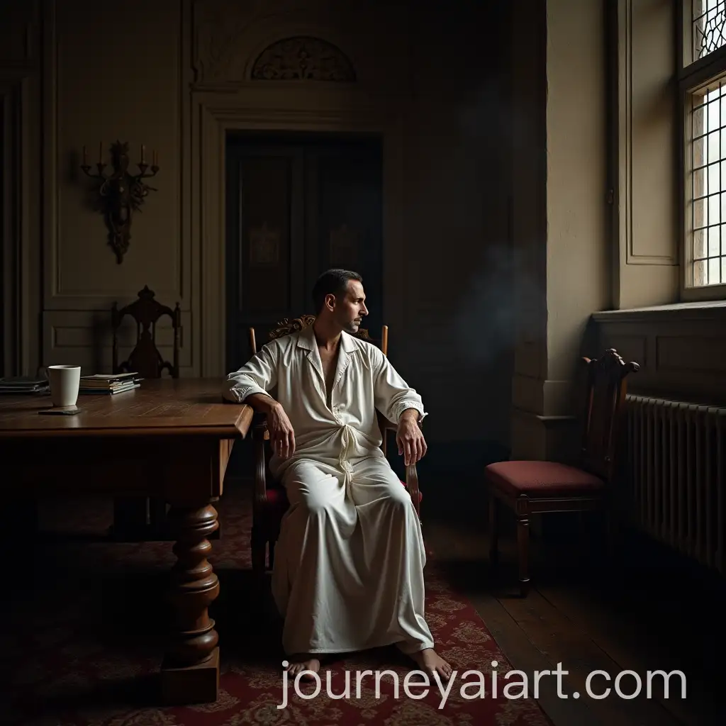 Man-in-Nightgown-Sitting-at-Wooden-Table-in-Gothic-Style-Room-1850