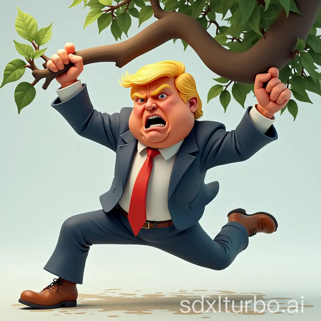 A 3D caricature of Donald Trump who is hanging stretched, with his feet pointing to the ground, with his hands holding a tree branche, and looking angry