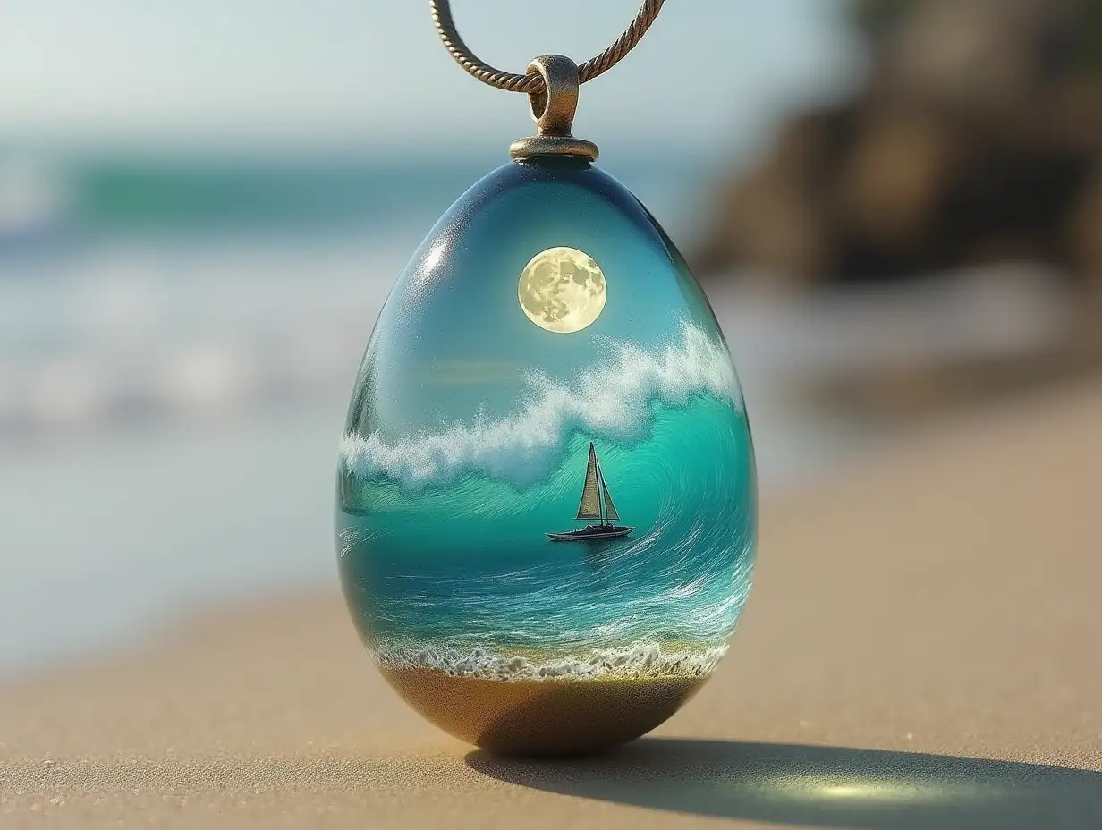 Create for me a glass egg pendant with beach with big waves and a sailboat and a moon inside