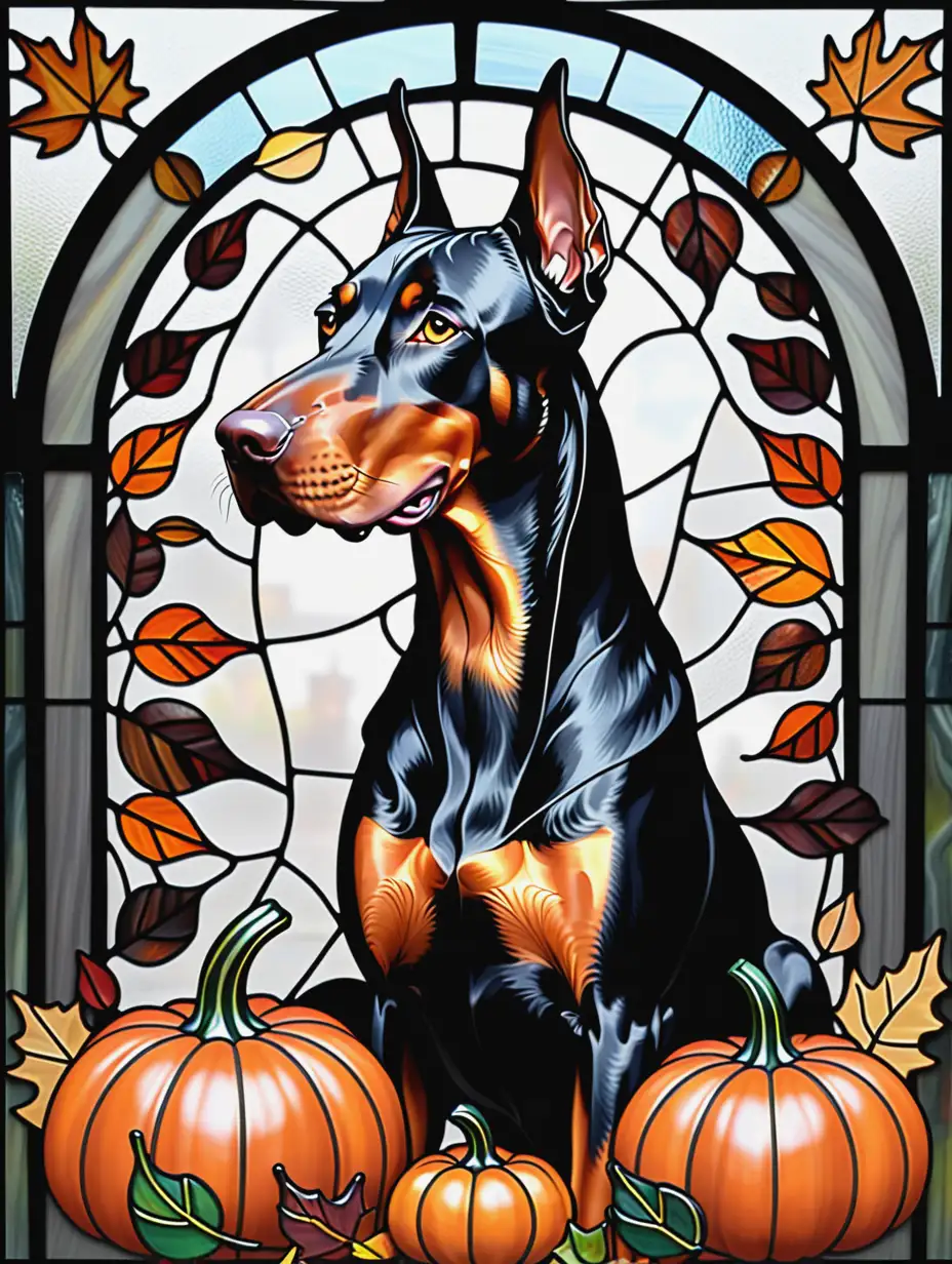 Black Dobermann Dog Behind Pumpkin and Fall Leaves in Stained Glass Design