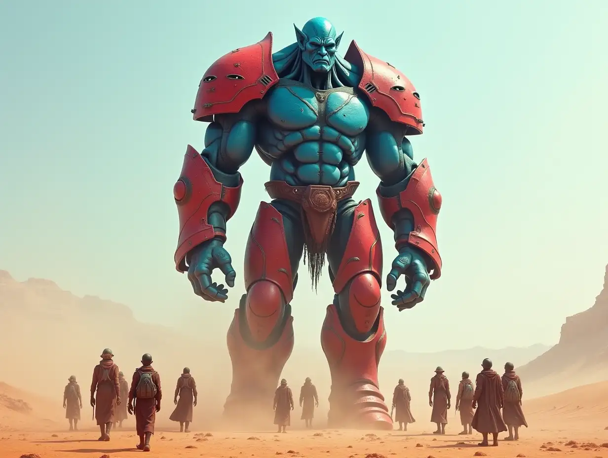 Create for me a 20 meter Android Titan Troll in blue red with armor in a vast desert with many people