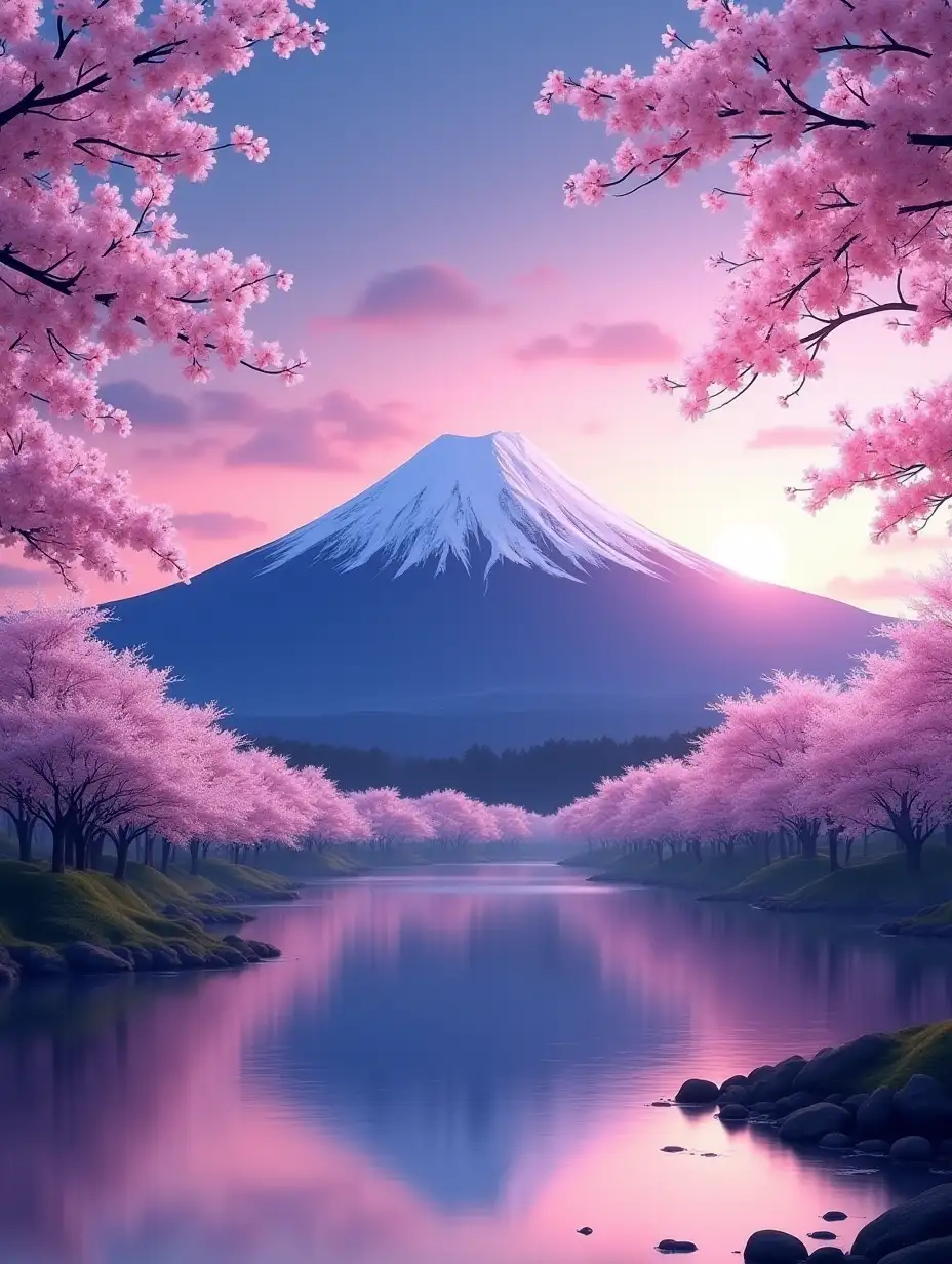 A high-resolution depiction of Mount Fuji transitioning from night to dawn in spring. The snow-capped peak is bathed in the soft glow of the rising sun, casting gentle light across the mountain. The sky transitions from deep purple and indigo tones of the fading night into soft pink and golden hues of the approaching day. Cherry blossoms in full bloom surround the foreground, their delicate petals illuminated by the first rays of sunlight. A calm lake at the base of Mount Fuji reflects the vibrant colors of the sky and the silhouette of the mountain, creating a serene and symmetrical composition. The atmosphere is tranquil, capturing the freshness and beauty of a spring morning in vivid detail.