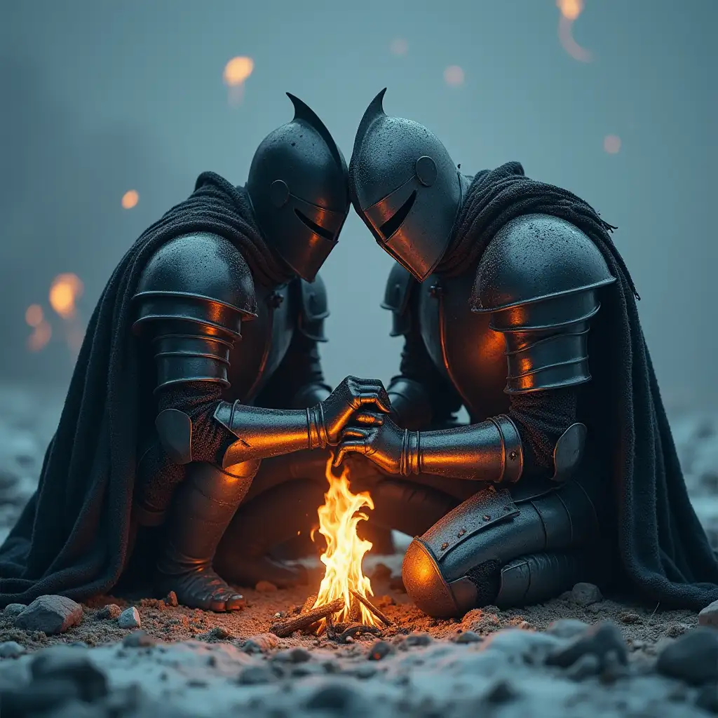 A knight huddled around a small, flickering flame in the middle of a cold, barren landscape. Their hands, though gloved in heavy armor, gently protect the flame from the biting wind, symbolizing the preservation of inner hope and motivation in the face of overwhelming adversity.