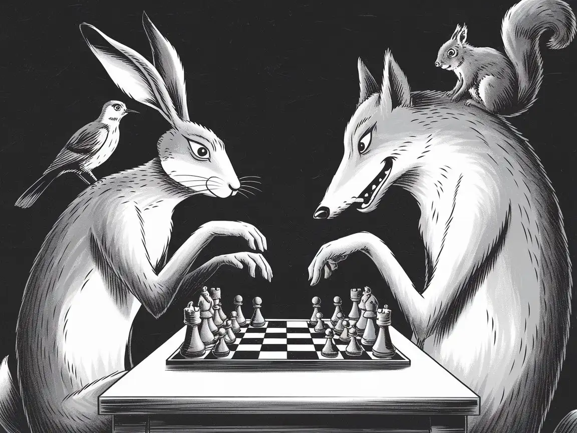 Surreal-Chess-Match-Between-a-Hare-and-a-Wolf-with-Anthropomorphic-Companions