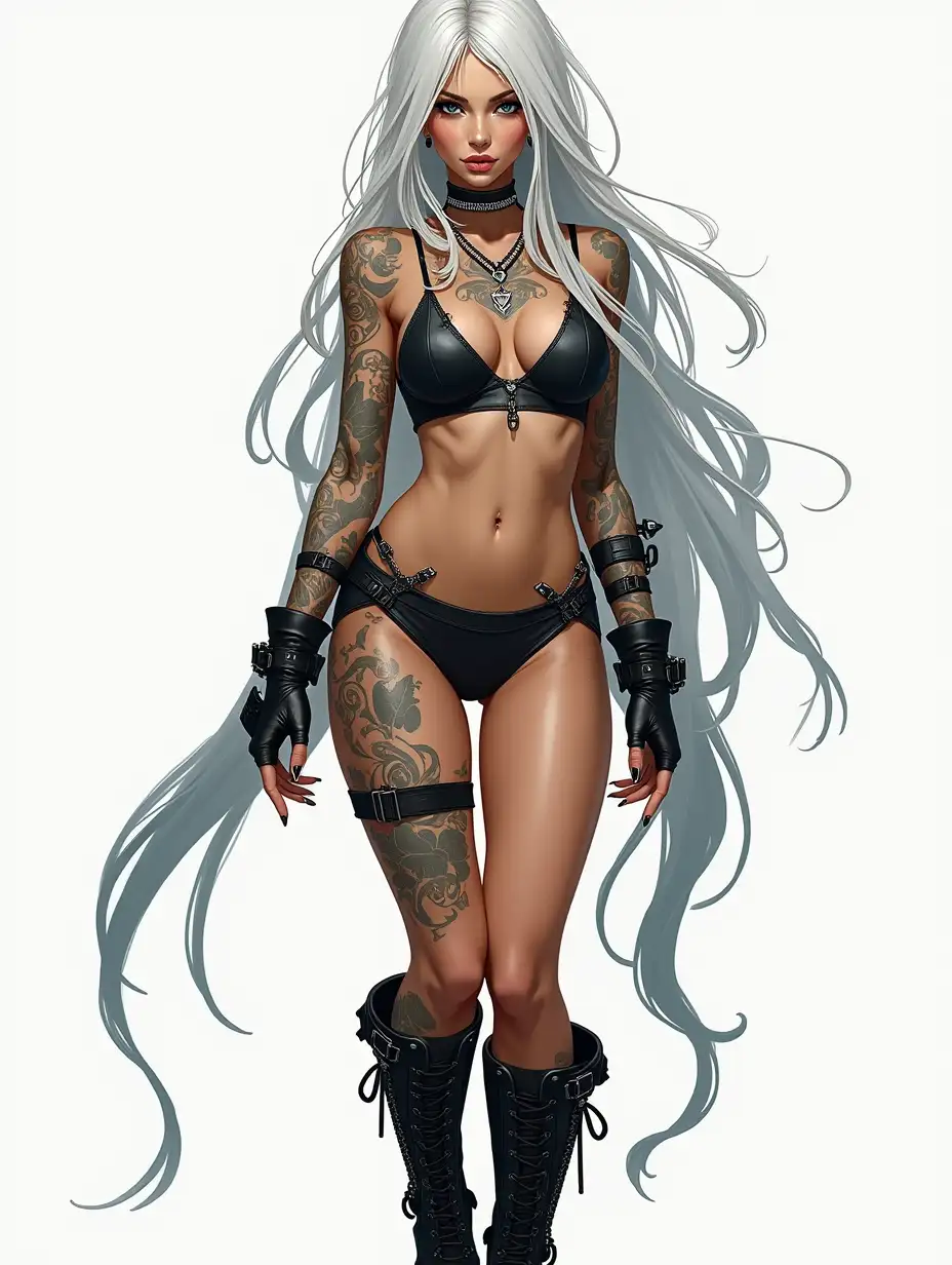 Depiction of a beautiful white woman with tattoos and long mixed white-black hair in a futuristic style and laced boots