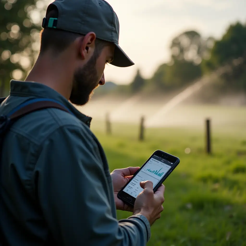 Engineer, phone in hand, remotely controls an irrigation system, with visible sprinklers, on the phone visible are graphs.