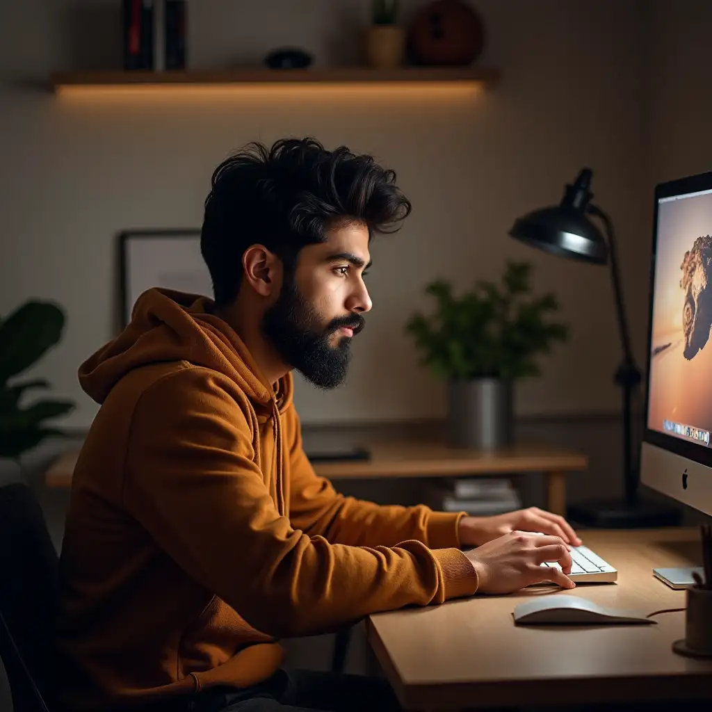 Create an image of a 28 years old bangladeshi boy with beard looking in his desktop in cosy home office